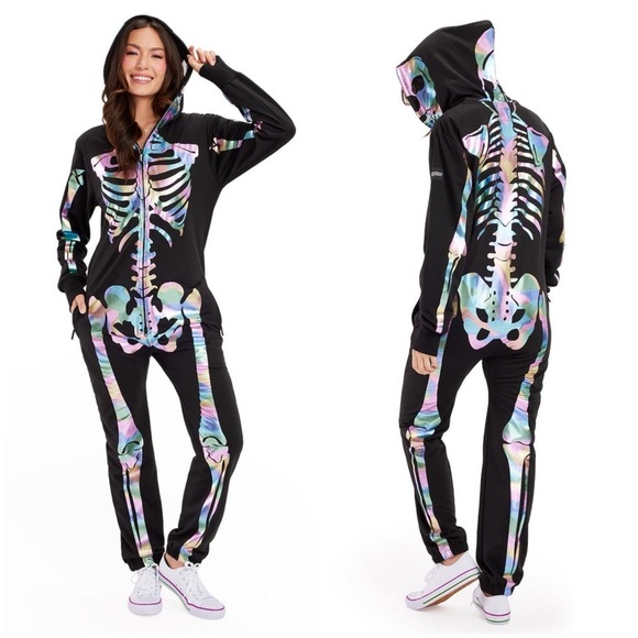 NWT Tipsy Elves Iridescent Skeleton Costume Onesie Jumpsuit Halloween Sz L - Picture 1 of 12